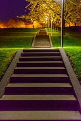 A Night in the Park. Late Spring Night in the Park. Stone Stairs and Park Alley. Horizontal Photography. Central Europe. France. Paris. Amiens.