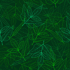 Seamless square background in green colors. Pattern with neon willow and ash maple leaves for backgrounds, fabrics, covers, napkins, banners, flyers, wallpapers and wrapping paper.