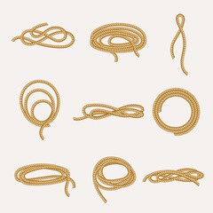 Skeins and rope trimming set. Twisted strong cord for secure tie down and fall arrest nautical rope knotted sails lasso for lassoing wild horses catching cattle. Vector reliability. - obrazy, fototapety, plakaty