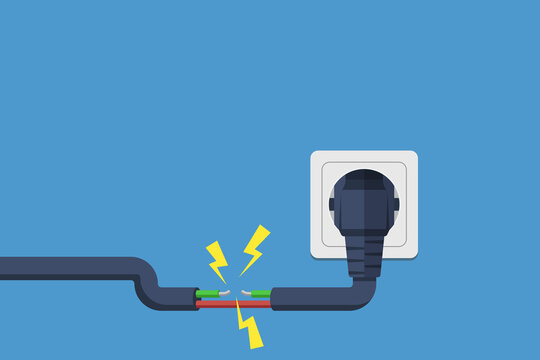 electric short circuit.  Faulty damaged cable. Fire from overload. Electrical safety concept. Vector illustration flat design. Short circuit electrical circuit. Broken electrical connection.