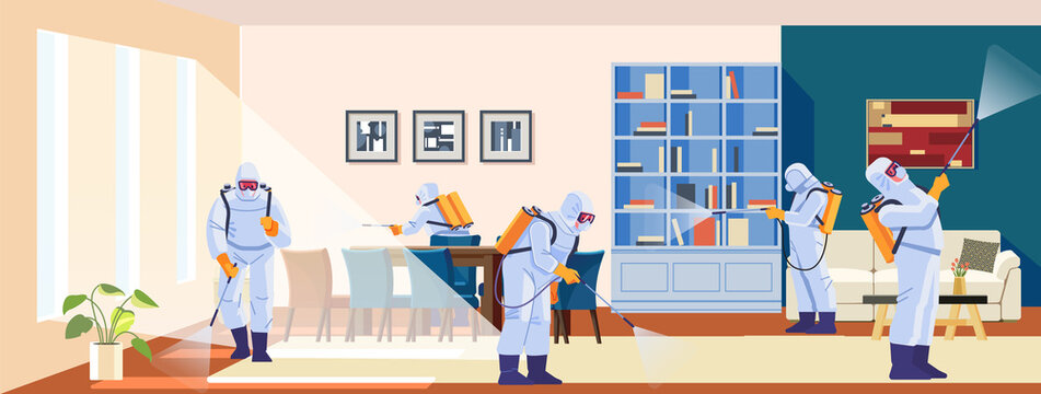 Home disinfection by cleaning service. Prevention controlling epidemic of coronavirus covid-2021. Worker in chemical protection disinfects the house. Cartoon style vector illustration design