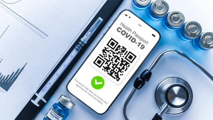 Immune passport. Coronavirus immunity certificate or vaccine passport on smartphone screen with doctor stethoscope, healthcare charts, syringe and medical equipment on hospital white background.