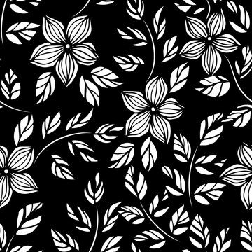 Seamless pattern with white flowers on a black background. Contours of the imprint of flowers and leaves. Vector illustration for the decoration of fabrics, backgrounds, banners, posters, wallpapers, 