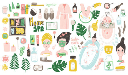 Fototapeta na wymiar Home SPA doodle collection. Vector illustrations in naive cute style