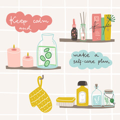 Keep calm and make a self-care plan. Doodle illustration with hand lettering and bathroom shelves with cosmetics