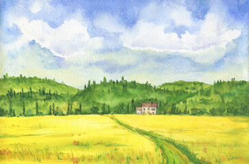 Green landscape - panoramic illustration of a yellow field and a rural house against the backdrop of beautiful hills with forest. Watercolor hand drawn painting illustration.	