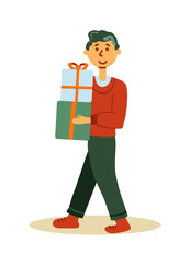 Man carrying gift box after shopping isolated on white
