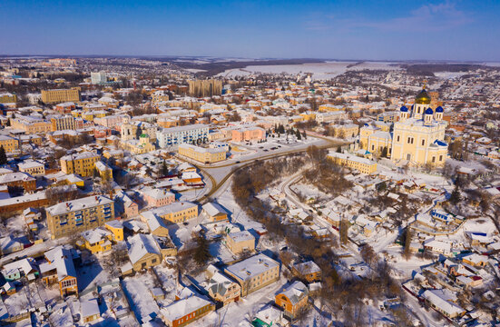 Top view of winter residential areas and Ascension Cathedral located in historical center of the city of Yelets, Russia