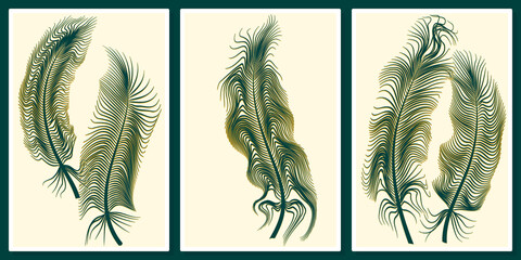 golden green feathers wall art vector set.  For wall art, poster, wallpaper, print. 
