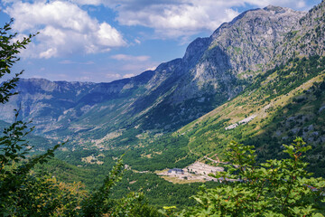 Fototapeta na wymiar Summer landscape - Albanian mountains, covered with green trees and blue sky.