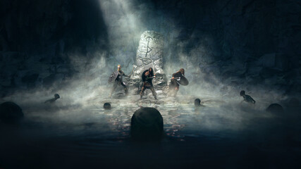 Vikings crew in a dark cave ready to fight against swamp monster under the protection of runes with fog and god ray - concept art - 3D rendering