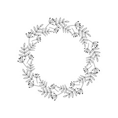 Plant wreath of branches, leaves, berries. Black outline drawing on a white background. Floral frame for home decoration, congratulations, logo, tags. Hand drawn border. Holiday vector illustration