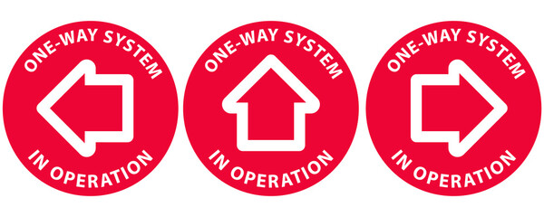 Social distancing concept for preventing coronavirus covid-19 with Arrow and wording One way system in operation on circle. warning or caution sign. 