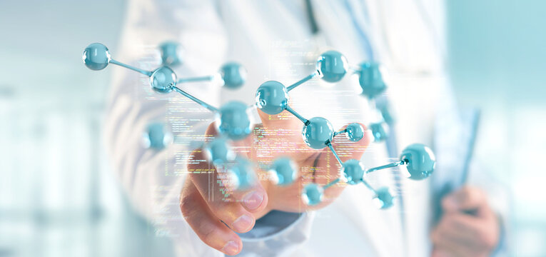 Doctor touching a 3d molecule concept - 3d rendering