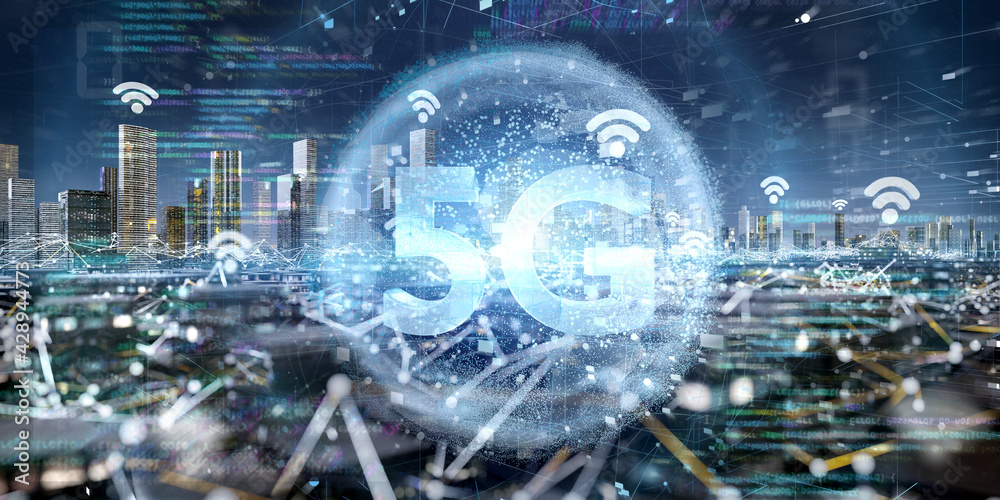 Poster smart city with 5g network and communication connection - 3d rendering