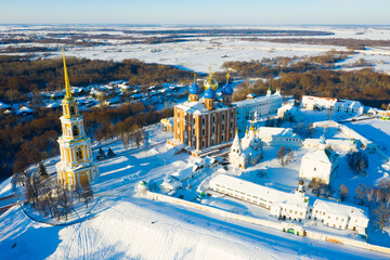 Scenic aerial view of architectural complex of ancient Ryazan Kremlin on sunny winter day, Russia