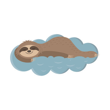 Naklejka Cute sloth character lying and sleeping on a cloud, color isolated boho style illustration