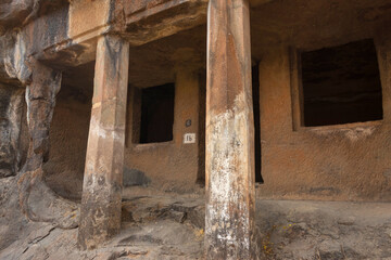 Fototapeta na wymiar Façade of Cave No 16, Gandharpale Buddhist caves. Group of 30 Buddhist caves, 105 km south of Mumbai, near Mahad, Maharashtra, India
