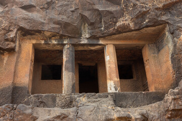 Façade of Cave No 27, Gandharpale Buddhist caves. Group of 30 Buddhist caves, 105 km south of Mumbai, near Mahad, Maharashtra, India