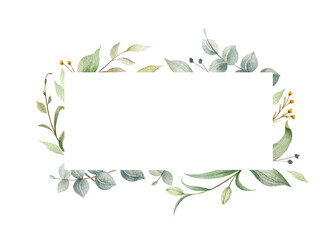 Watercolor vector frame of green eucalyptus branches and leaves.