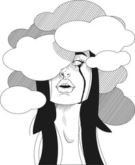 black and white illustration of a sad crying girl whose head is hidden in the clouds