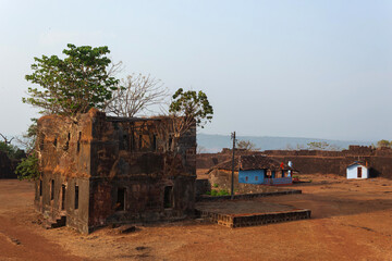 Fototapeta na wymiar Ruined structures inside Jaigad Fort, Jaigad, Ratnagiri, Maharashtra, India. Built by Bijapur Kings in the 16th century.