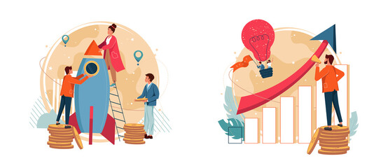 Startup collaboration, business venture concept vector illustration set. Creative team communicating and working together. Developers team, task management. Startup mentoring, business opportunity.