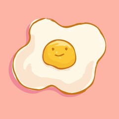 Vector illustration of isolated cartoon fried egg smiling on the pink background. Cute kawaii character. Good morning food concept. Happy wake up.