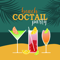 Seaside view with tropical coctails. Summer holidays concept background. Invitation for beach coctail party. Vector illustration
