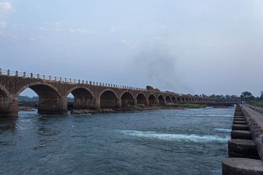 Old stone Ramling Bet Bridge, Bahe, Sangli, Maharashtra, India.