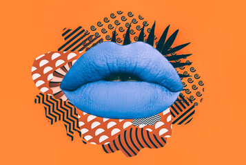 Modern art collage of woman lips head and floral designes.