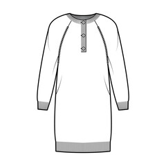 Dress Sweater henley neck technical fashion illustration with long raglan sleeves, relax fit, knee length, rib knit trim. Flat jumper garment apparel front, white color. Women, men, unisex CAD mockup