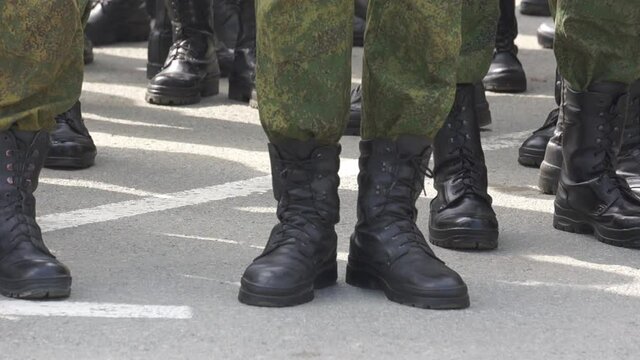 Formation of soldiers in dress parade uniform. National holiday–Victory day. Military parade.
