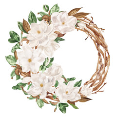 Obraz premium Hand drawn watercolor floral wreath of flowers white magnolia and green leaves. Perfect for creating cards, invitations, wedding design.