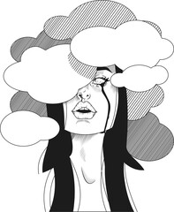 black and white illustration of a sad crying girl whose head is hidden in the clouds