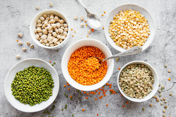 Bowls with different types of legumes