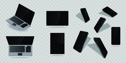 Set electronic digital devices. Smartphone, laptop, tablet. Blank screen gadgets presentation for your UI, UX design. Device mockups with isometric views