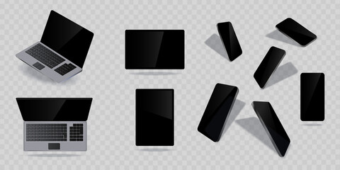 Set electronic digital devices. Smartphone, laptop, tablet. Blank screen gadgets presentation for your UI, UX design. Device mockups with isometric views