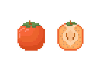 Pixel art orange persimmon icon set. Pixel retro game persimmon and half persimmon icons. 8 bit or 16 bit style persimmon icon for game or web design. Flat cute pixel fruit vector.