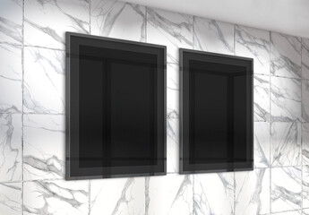 Two vertical frames Mockup hanging on wall. Mock up of billboards in modern marble office interior 3D rendering