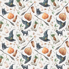 Halloween repeating background. Watercolor seamless pattern with black cats, pumpkins, broom, mandrake, mushrooms, poison. Witch wallpaper design