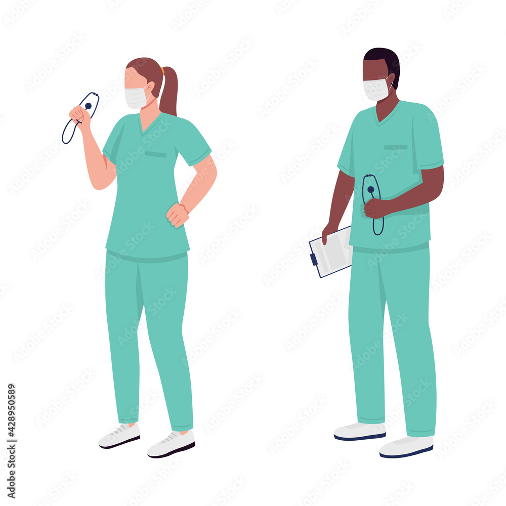 Sticker Medical workers flat color vector faceless characters. Caucasian nurse. African american doctor. Essential service isolated cartoon illustration for web graphic design and animation