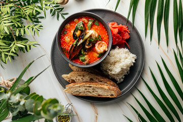 A bowl of tom yam soup with seafood and rice with toasts