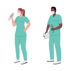 Medical workers flat color vector faceless characters. Caucasian nurse. African american doctor. Essential service isolated cartoon illustration for web graphic design and animation