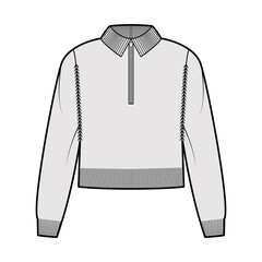 Cropped Zip-up Sweater technical fashion illustration with rib henley neck, classic collar, long raglan sleeves, knit trim. Flat apparel front, grey color style. Women, men unisex CAD mockup