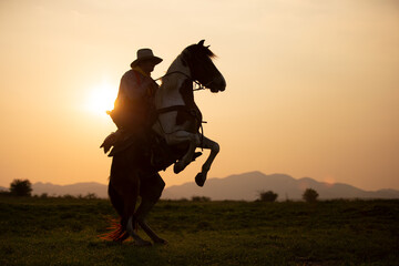Silhouette Cowboy on horseback against a beautiful sunset, cowboy and horse at first...