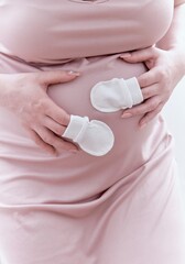 Small shoes for an unborn baby in the belly of a pregnant woman. Pregnant woman holding small baby shoes resting at home in the bedroom.