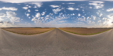 full seamless spherical hdri panorama 360 degrees angle view on old no traffic asphalt road among fields in equirectangular projection, ready for VR AR virtual reality