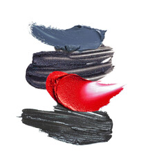 Smeard metallic black red lipstick  liquid eye shadow or gel eye liner textures smudge isolated on...