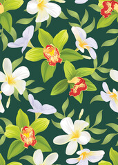 Seamless pattern of orchid and plumeria flower background template. Vector set of floral element for wedding invitations, greeting card, brochure, banners and fashion design.